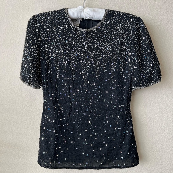 Black Beaded Top Short Sleeve Silver Sequins Bead Trim  Vintage Size Petite PP - Picture 13 of 13